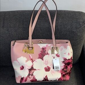 Floral Pink Tote Bag with Gold Hardware